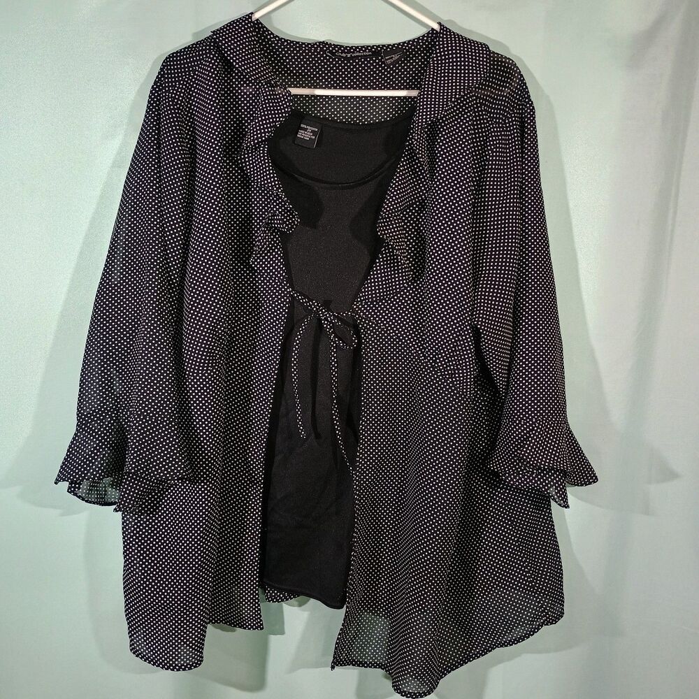 Womens Polka Dot Blouse Layered Top Ruffle Open Front Cardigan Style Black White